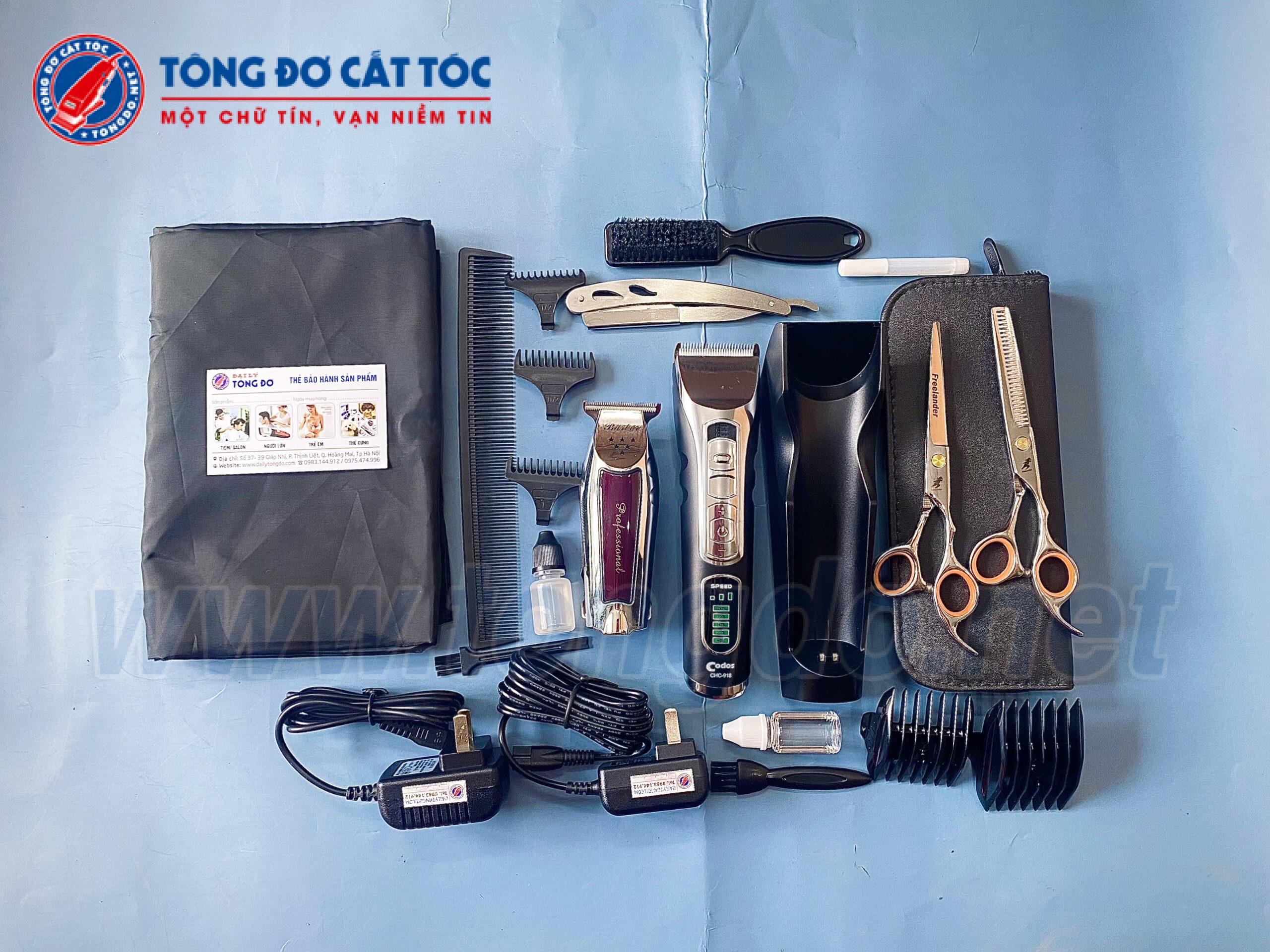 Combo Tông đơ +Codos 918+ Baber 9220+ kéo cắt+ kéo tỉa+ dao cạo+ áo choàng+ lược+ bao da+chổi phủi